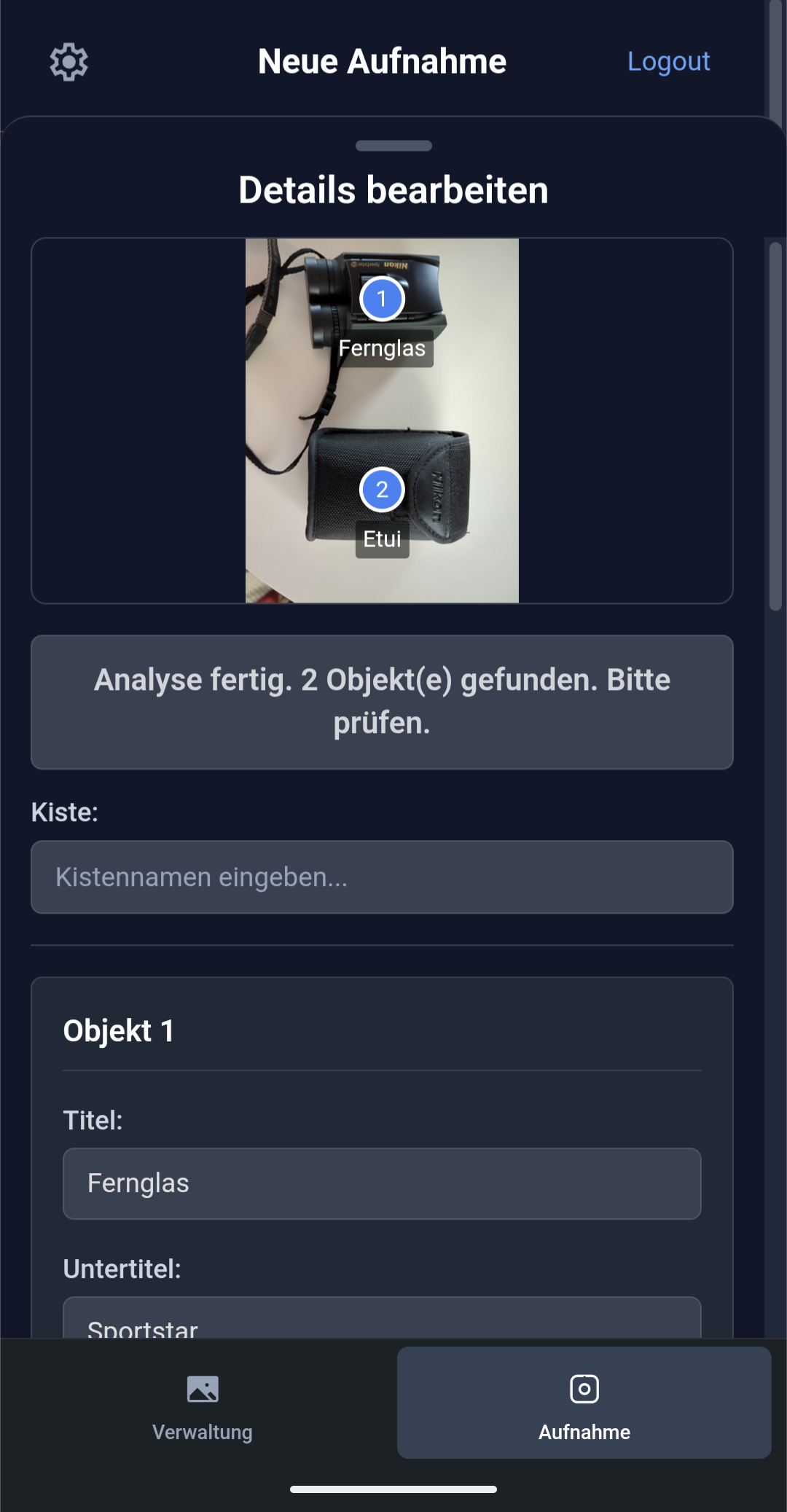 App-Ansicht der automatischen Erkennung